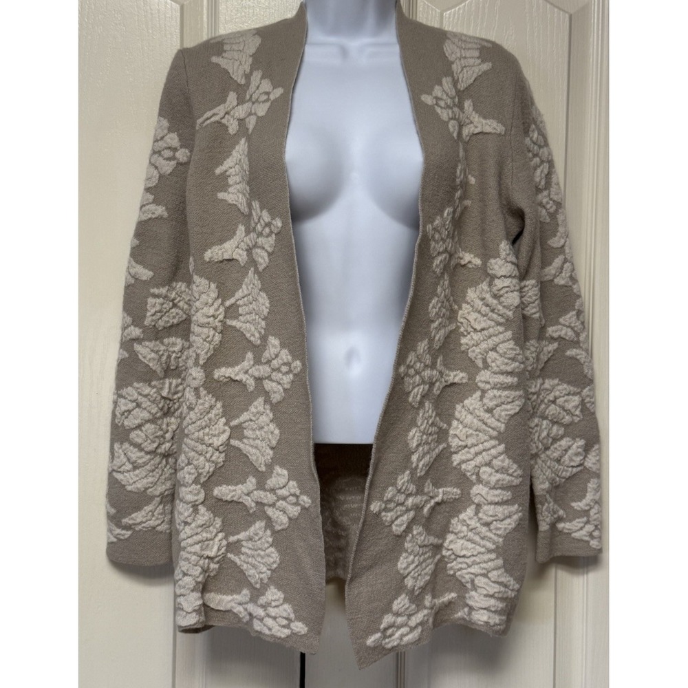 Chico's Beige‎ Wool Open Front Cardigan Floral Embroidery Size 1
